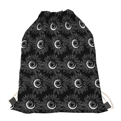 White And Black Sunflower Pattern Print Drawstring Bag