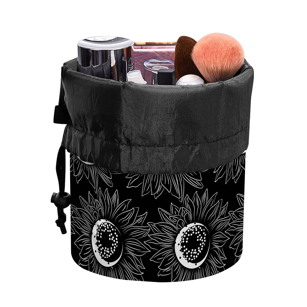 White And Black Sunflower Pattern Print Drawstring Makeup Bag