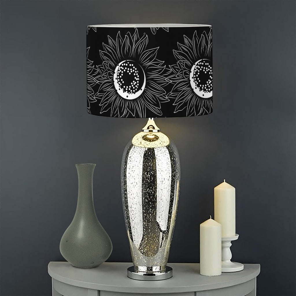 White And Black Sunflower Pattern Print Drum Lamp Shade