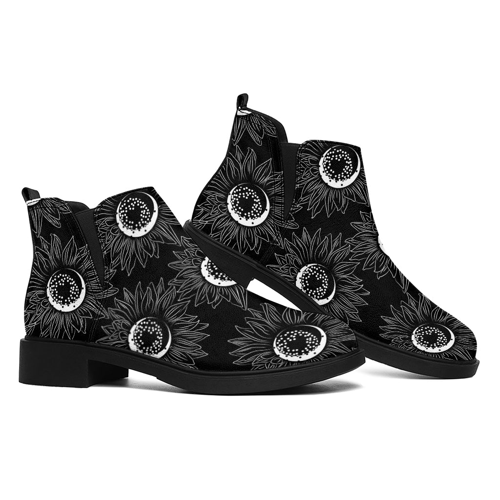 White And Black Sunflower Pattern Print Flat Ankle Boots