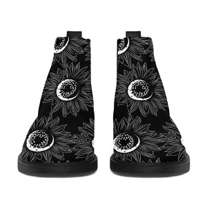 White And Black Sunflower Pattern Print Flat Ankle Boots