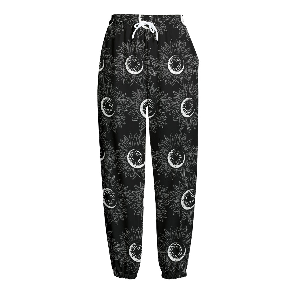 White And Black Sunflower Pattern Print Fleece Lined Knit Pants