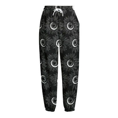 White And Black Sunflower Pattern Print Fleece Lined Knit Pants
