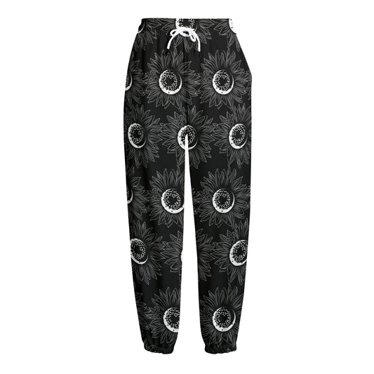 White And Black Sunflower Pattern Print Fleece Lined Knit Pants