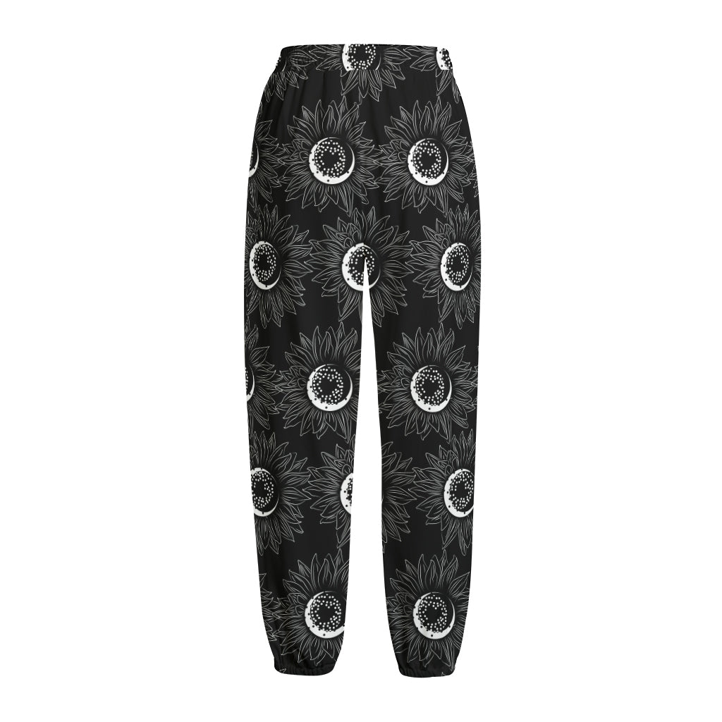 White And Black Sunflower Pattern Print Fleece Lined Knit Pants