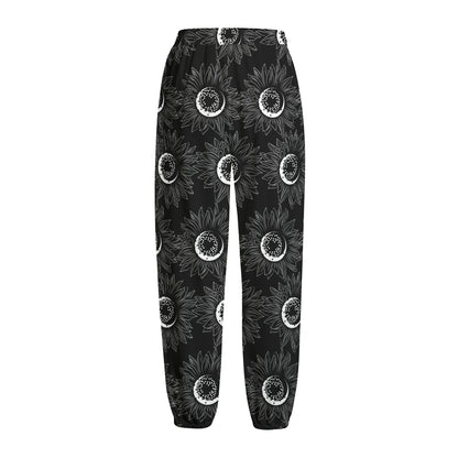 White And Black Sunflower Pattern Print Fleece Lined Knit Pants
