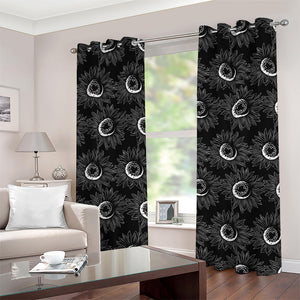 White And Black Sunflower Pattern Print Grommet Curtains