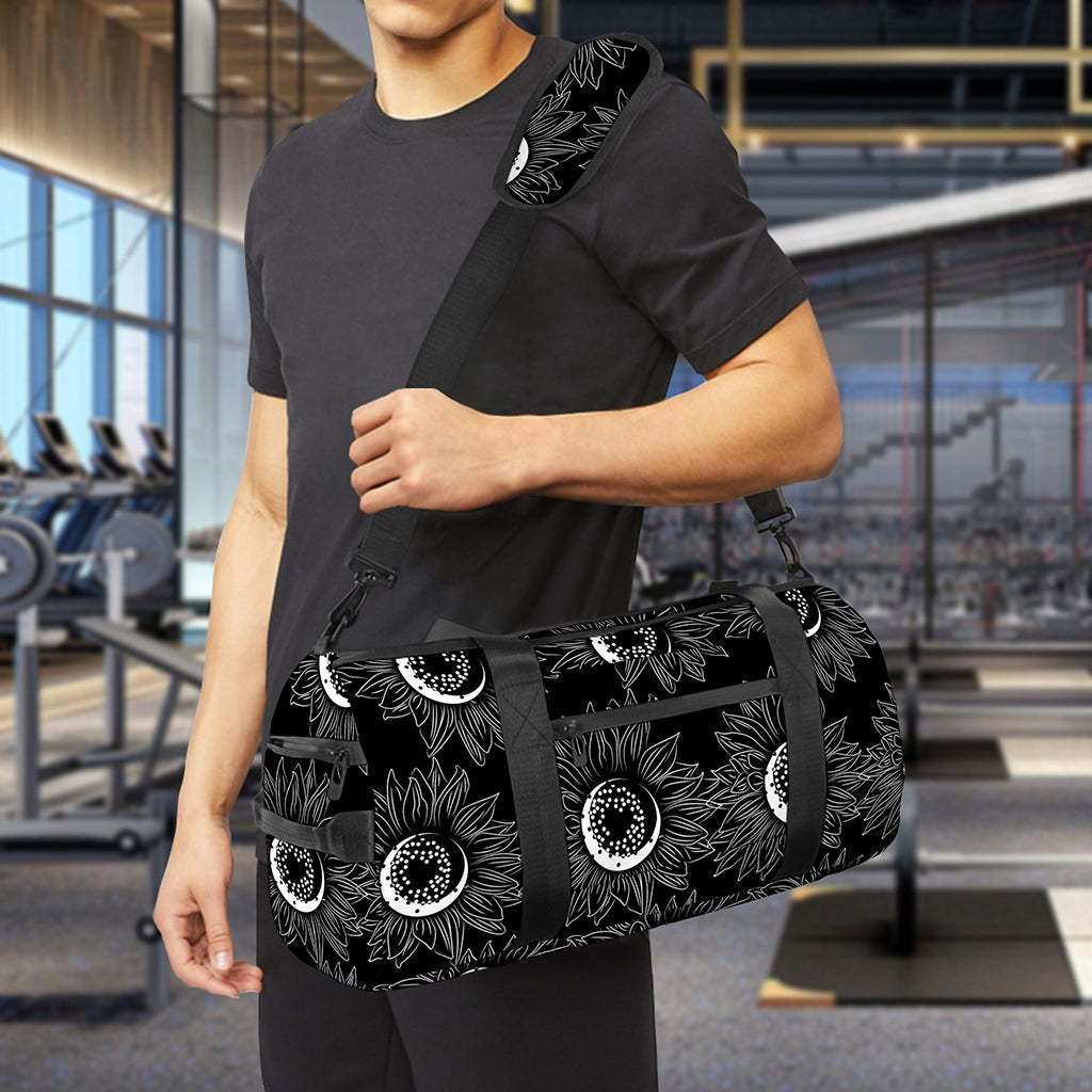 White And Black Sunflower Pattern Print Gym Bag
