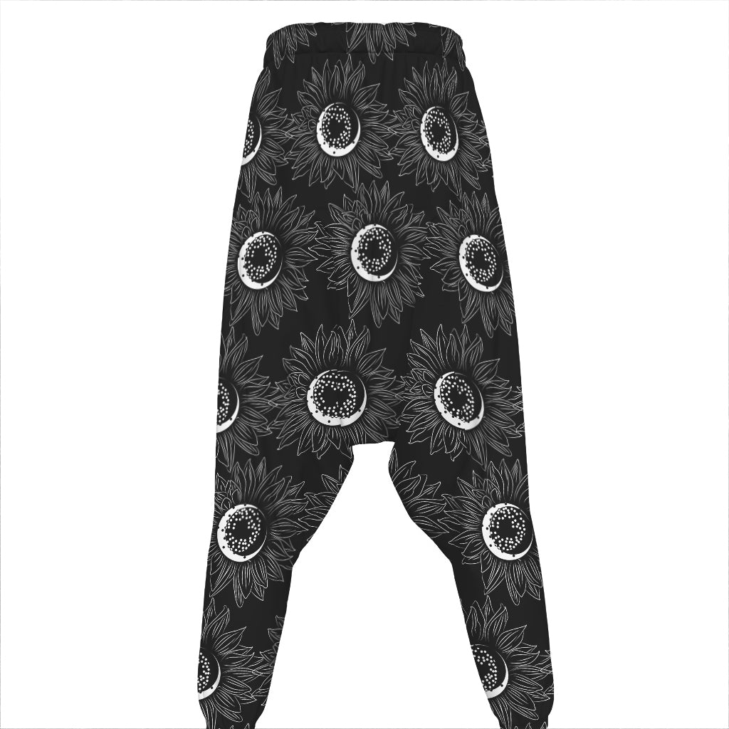 White And Black Sunflower Pattern Print Hammer Pants