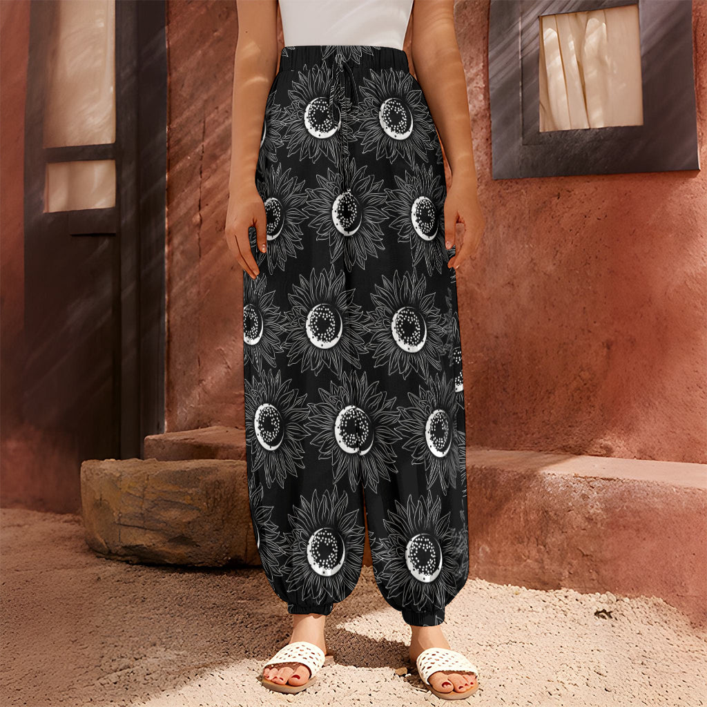 White And Black Sunflower Pattern Print Harem Pants