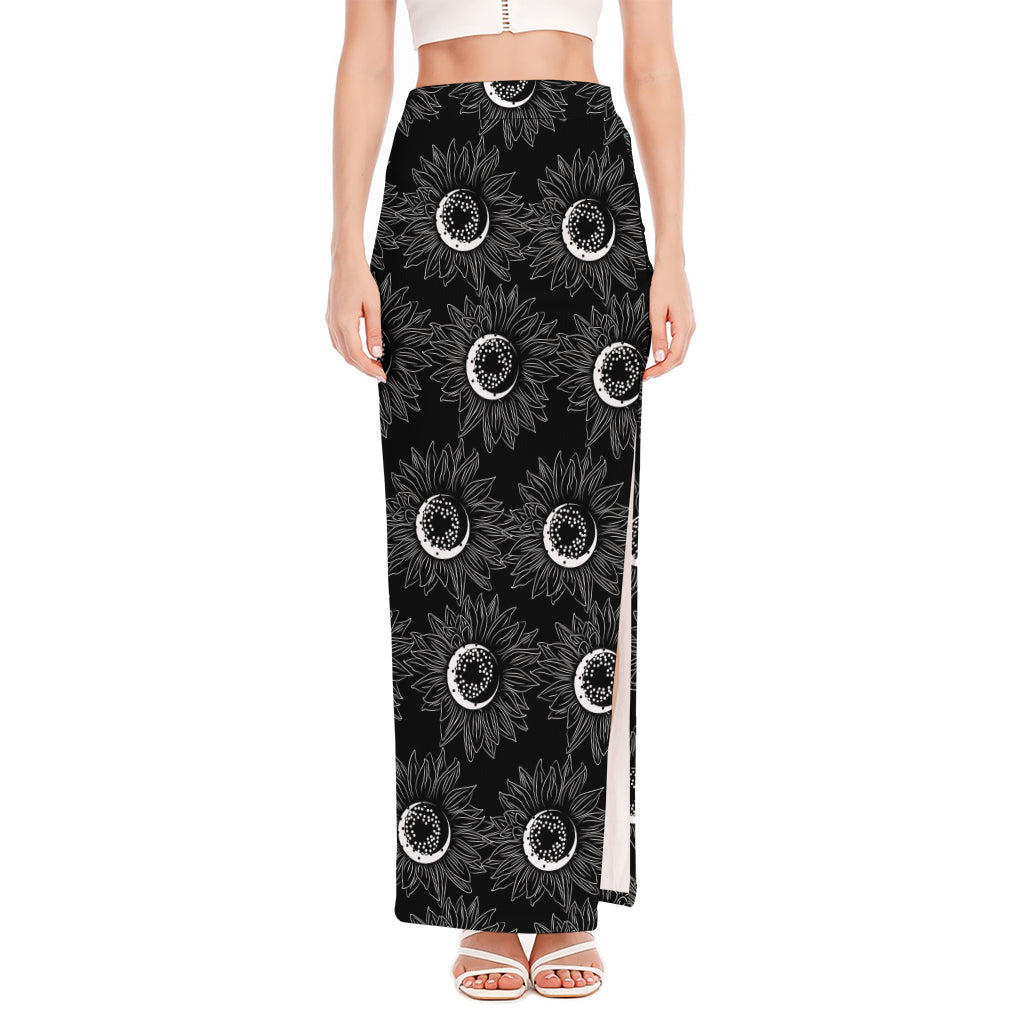 White And Black Sunflower Pattern Print High Slit Maxi Skirt