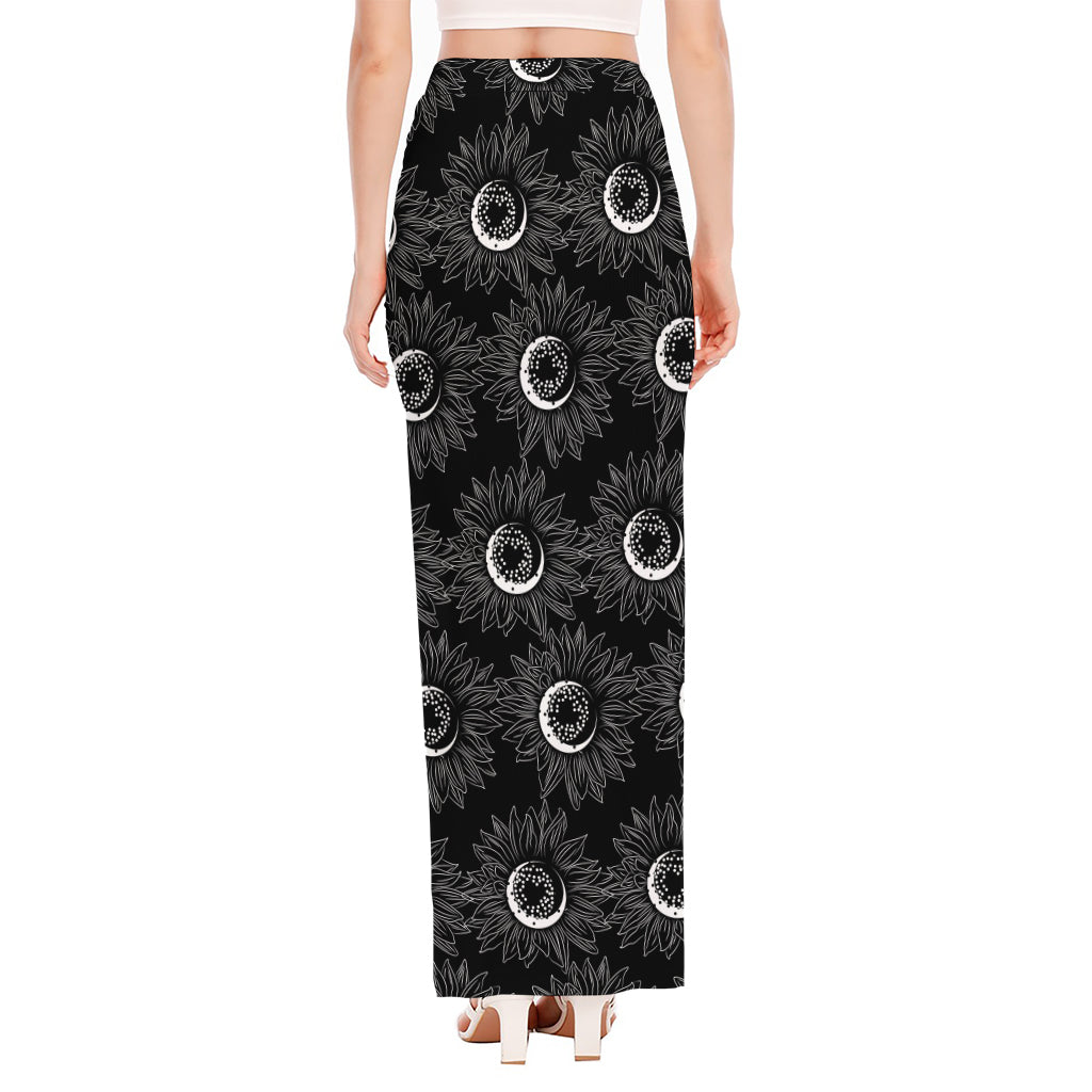 White And Black Sunflower Pattern Print High Slit Maxi Skirt