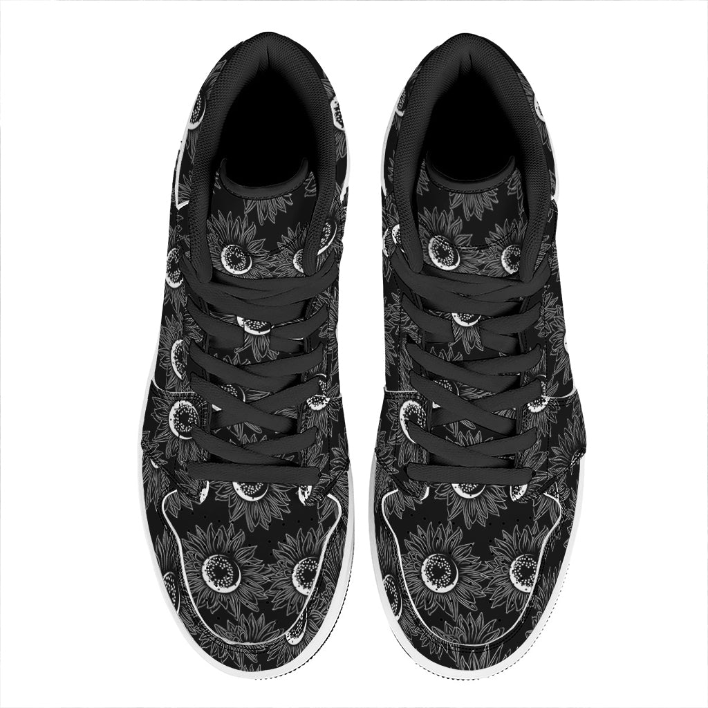 White And Black Sunflower Pattern Print High Top Leather Sneakers