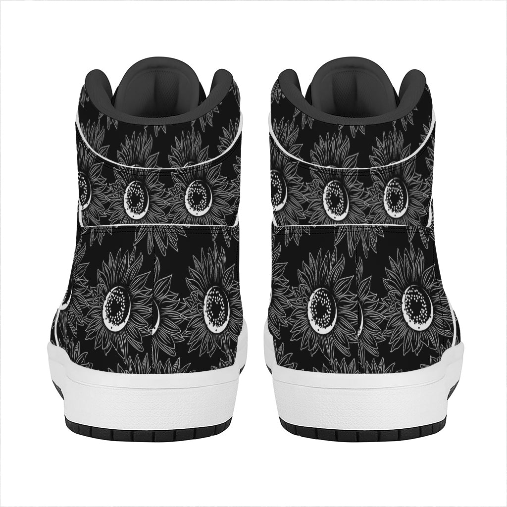 White And Black Sunflower Pattern Print High Top Leather Sneakers