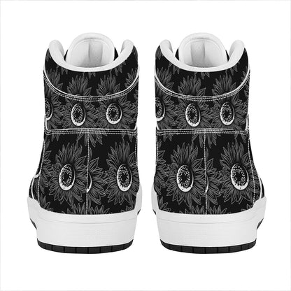 White And Black Sunflower Pattern Print High Top Leather Sneakers