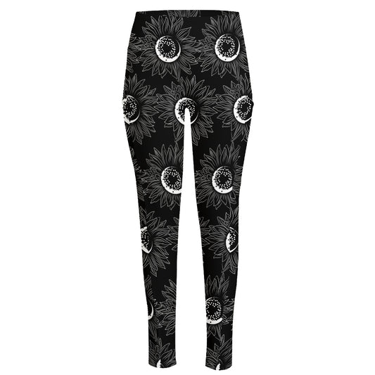 White And Black Sunflower Pattern Print High-Waisted Pocket Leggings