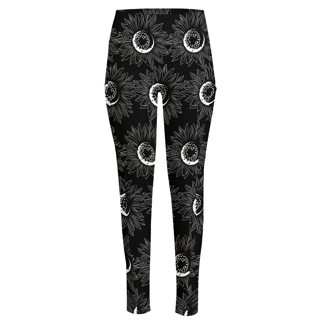 White And Black Sunflower Pattern Print High-Waisted Pocket Leggings