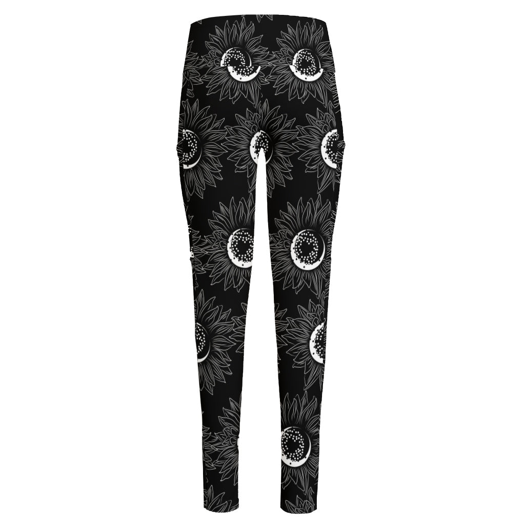 White And Black Sunflower Pattern Print High-Waisted Pocket Leggings