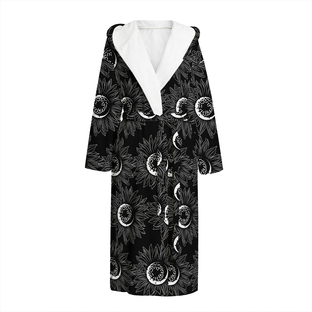 White And Black Sunflower Pattern Print Hooded Bathrobe