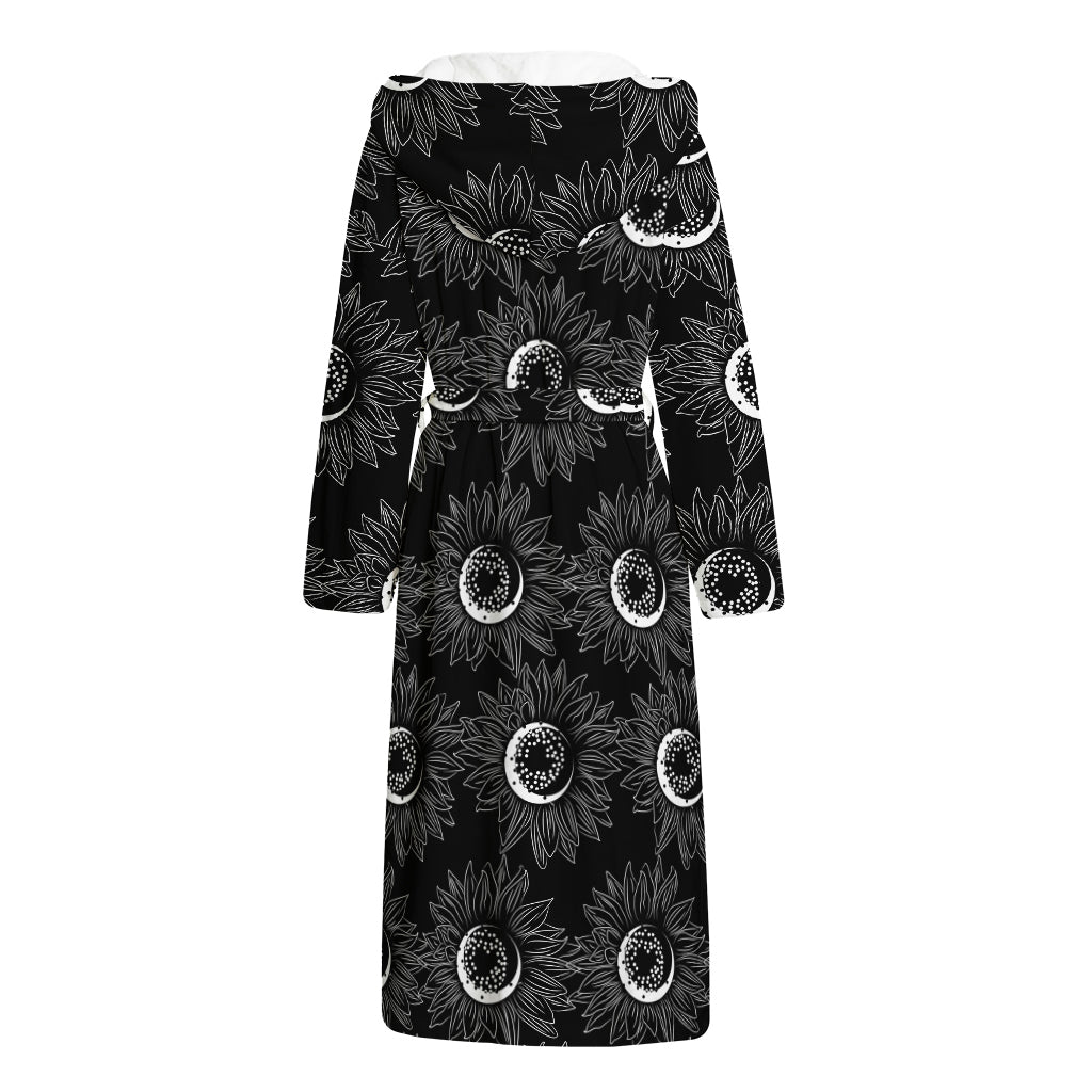 White And Black Sunflower Pattern Print Hooded Bathrobe