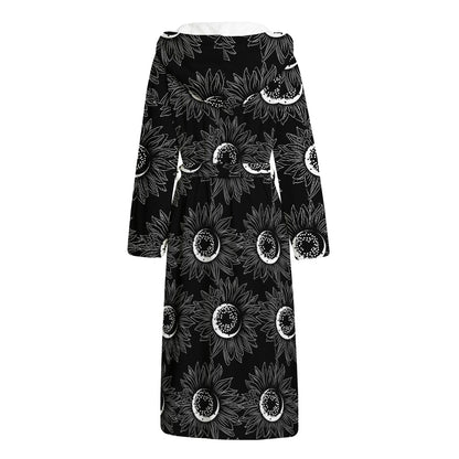 White And Black Sunflower Pattern Print Hooded Bathrobe