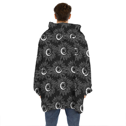 White And Black Sunflower Pattern Print Hoodie Blanket