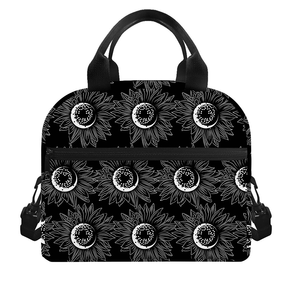 White And Black Sunflower Pattern Print Insulated Lunch Bag