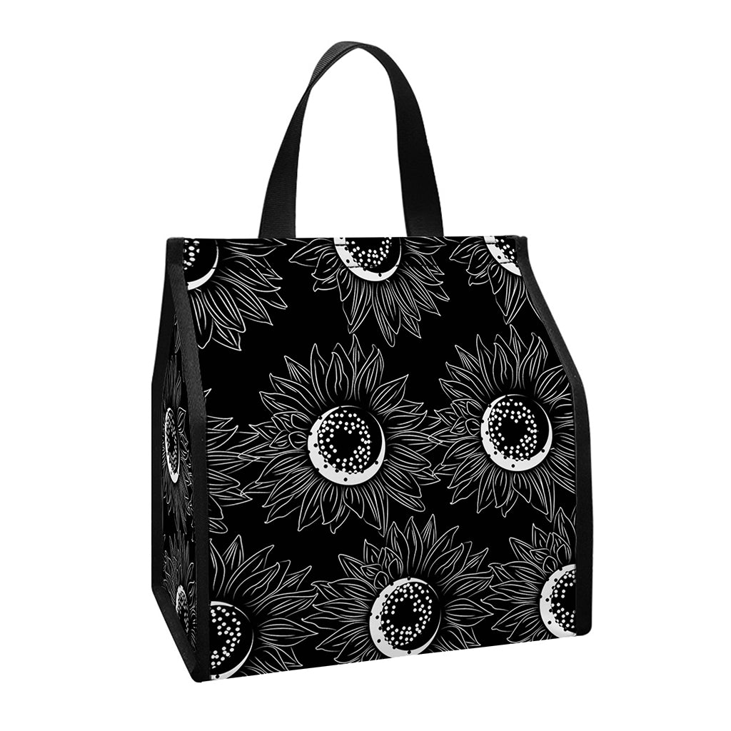 White And Black Sunflower Pattern Print Insulated Lunch Tote