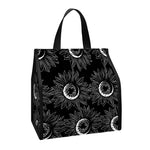 White And Black Sunflower Pattern Print Insulated Lunch Tote