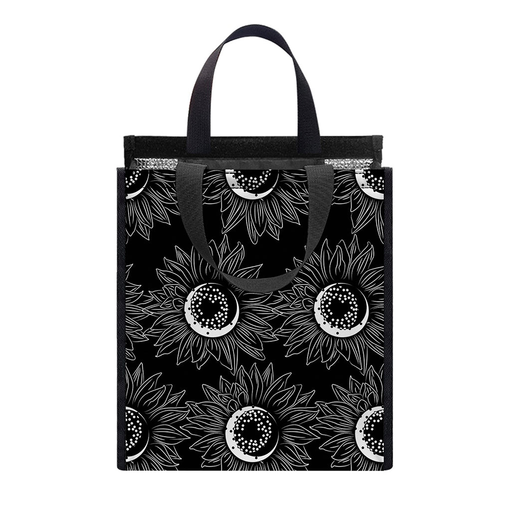 White And Black Sunflower Pattern Print Insulated Lunch Tote