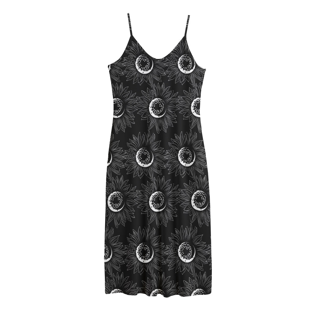 White And Black Sunflower Pattern Print Jersey Midi Cami Dress