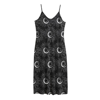 White And Black Sunflower Pattern Print Jersey Midi Cami Dress