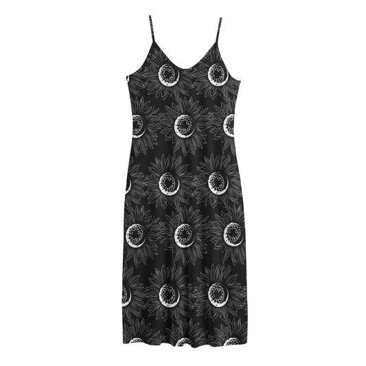 White And Black Sunflower Pattern Print Jersey Midi Cami Dress