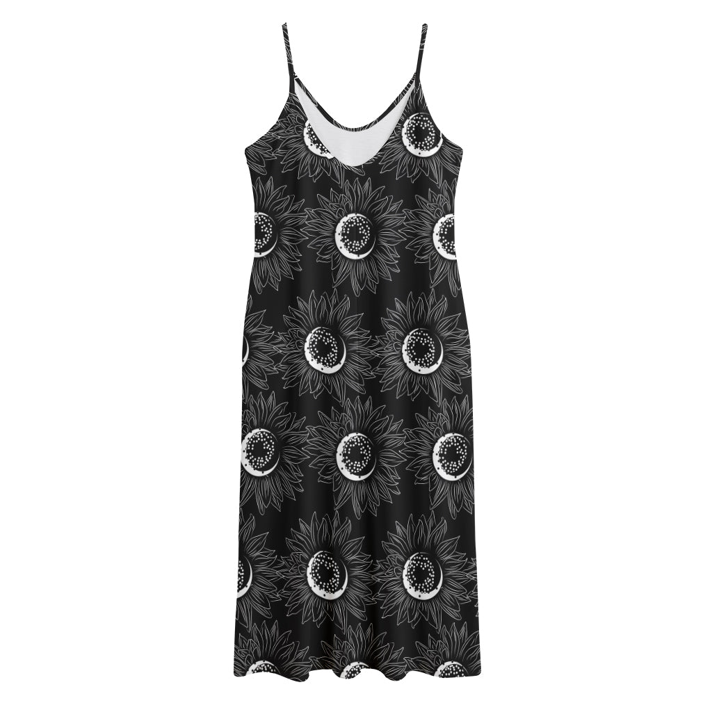 White And Black Sunflower Pattern Print Jersey Midi Cami Dress