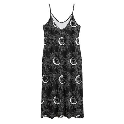White And Black Sunflower Pattern Print Jersey Midi Cami Dress