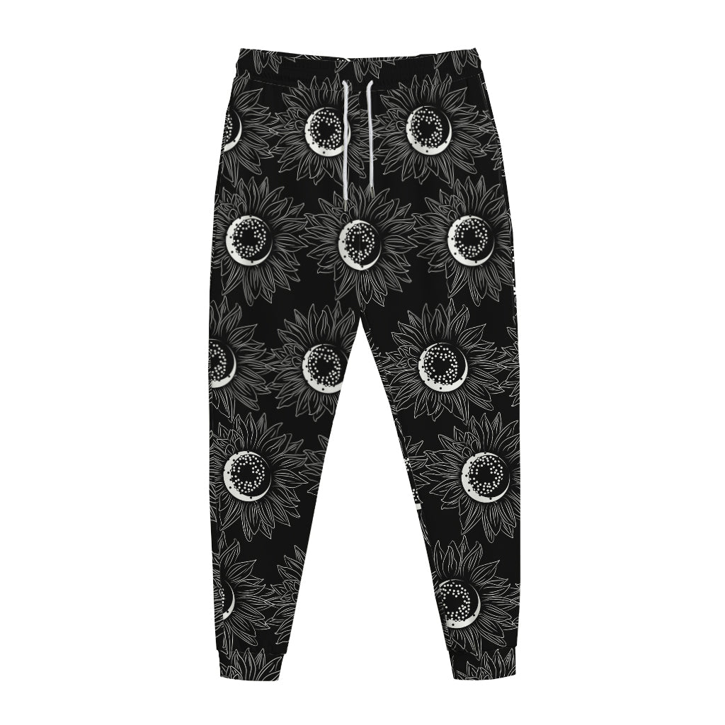 White And Black Sunflower Pattern Print Jogger Pants