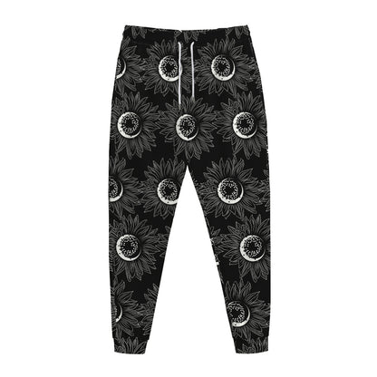 White And Black Sunflower Pattern Print Jogger Pants