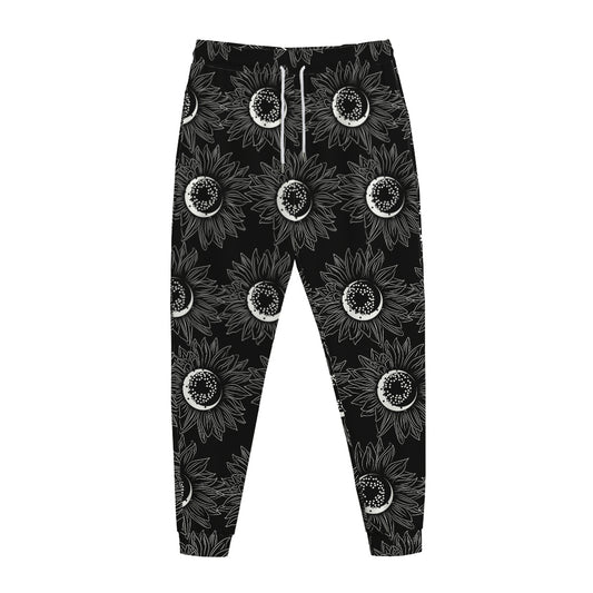 White And Black Sunflower Pattern Print Jogger Pants