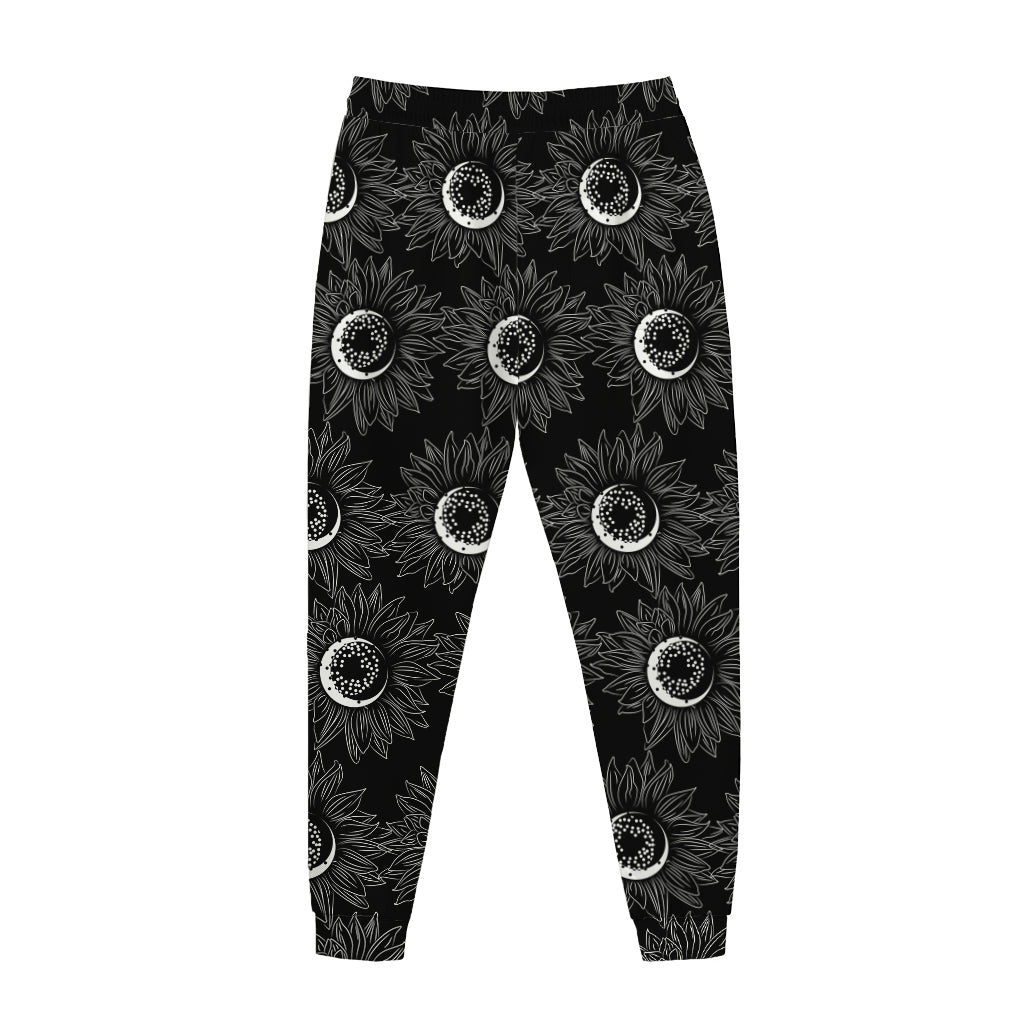 White And Black Sunflower Pattern Print Jogger Pants