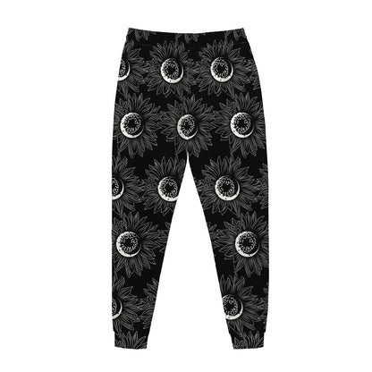White And Black Sunflower Pattern Print Jogger Pants
