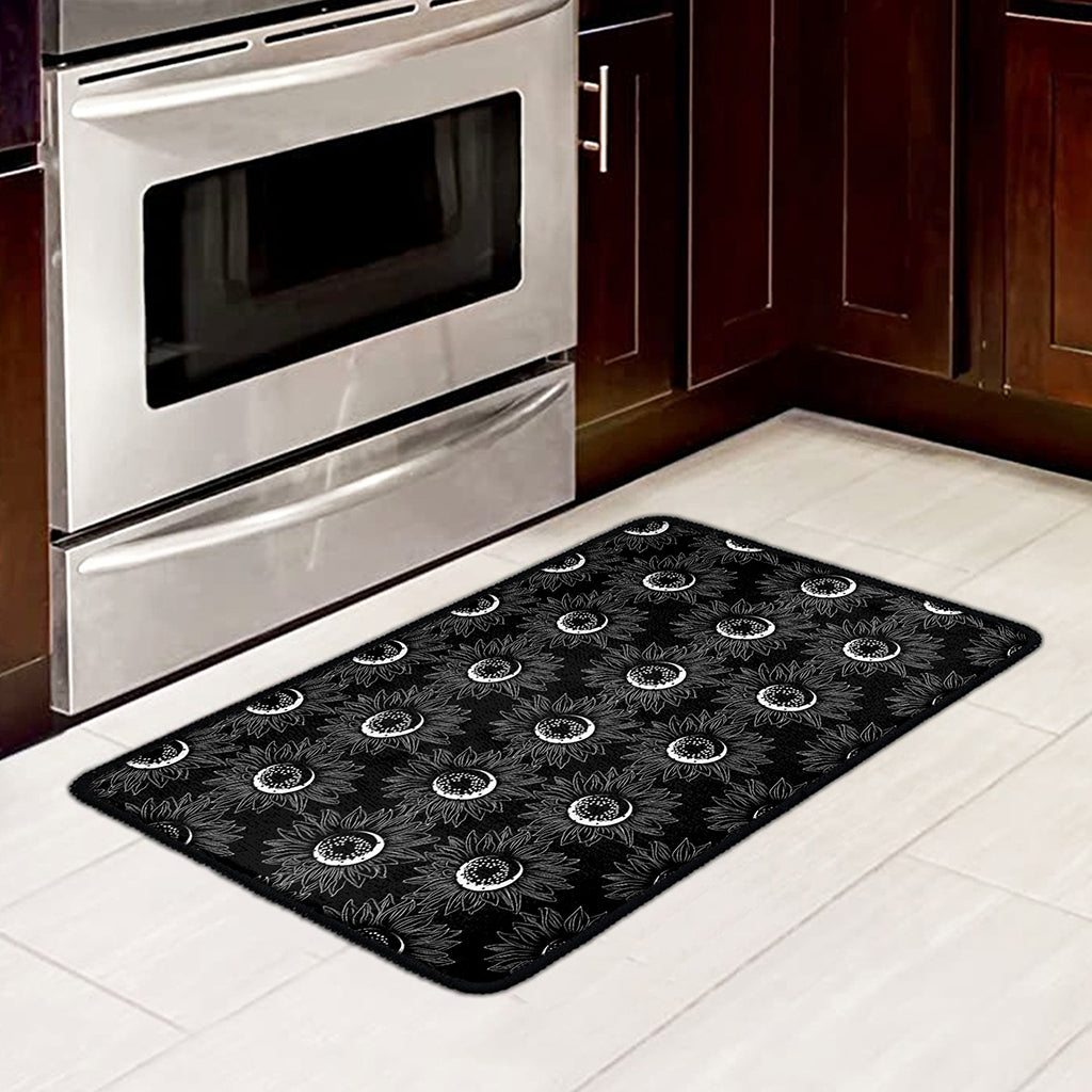 White And Black Sunflower Pattern Print Kitchen Mat