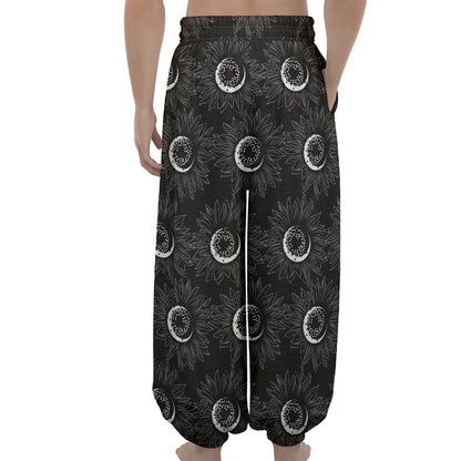 White And Black Sunflower Pattern Print Lantern Pants