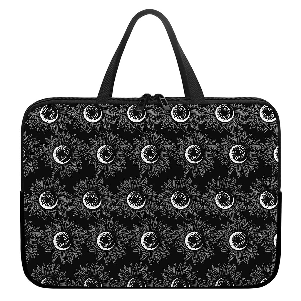 White And Black Sunflower Pattern Print Laptop Sleeve With Handle