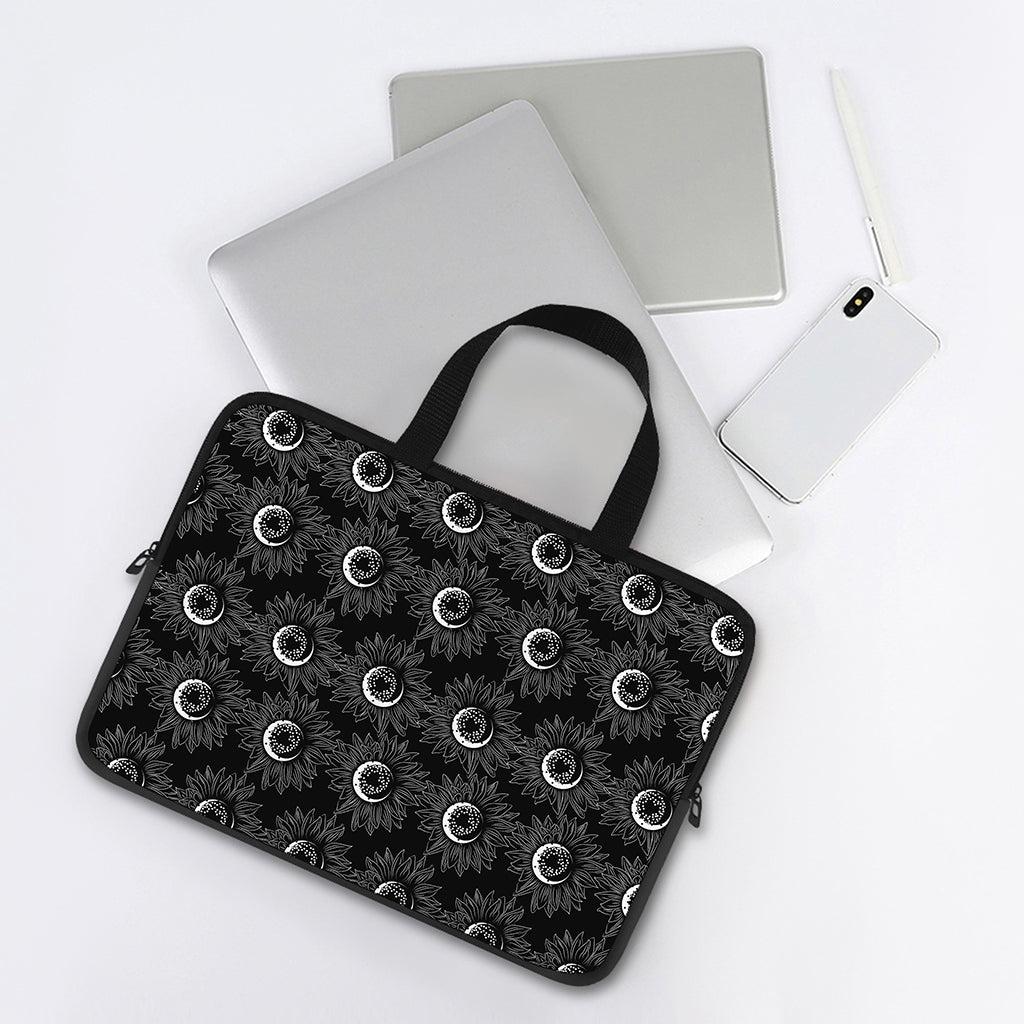 White And Black Sunflower Pattern Print Laptop Sleeve With Handle