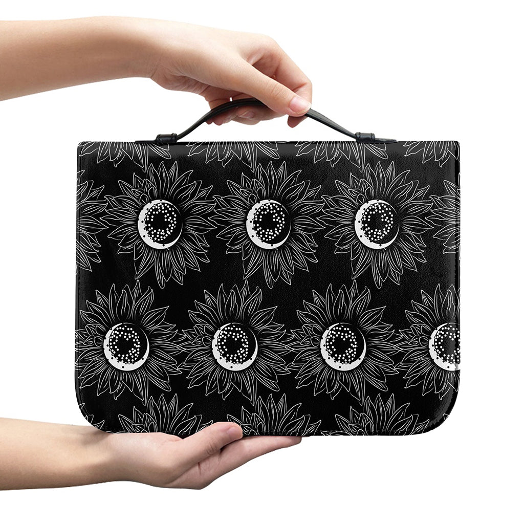 White And Black Sunflower Pattern Print Leather Bible Cover