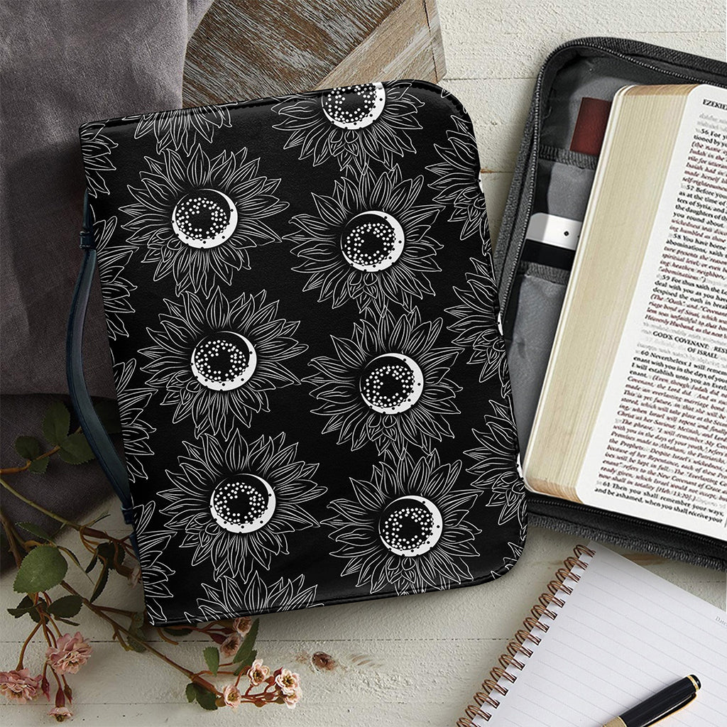 White And Black Sunflower Pattern Print Leather Bible Cover