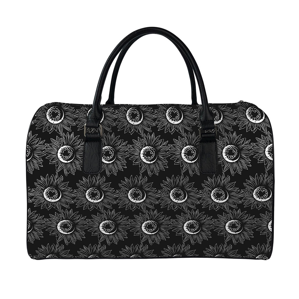 White And Black Sunflower Pattern Print Leather Duffle Bag