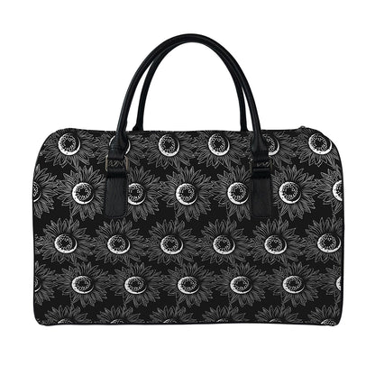 White And Black Sunflower Pattern Print Leather Duffle Bag