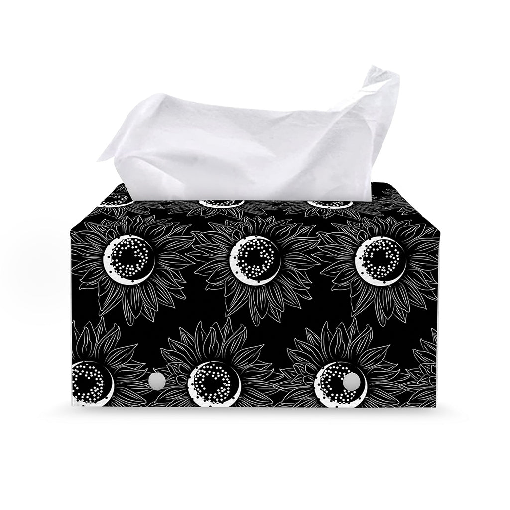 White And Black Sunflower Pattern Print Leather Tissue Box Cover