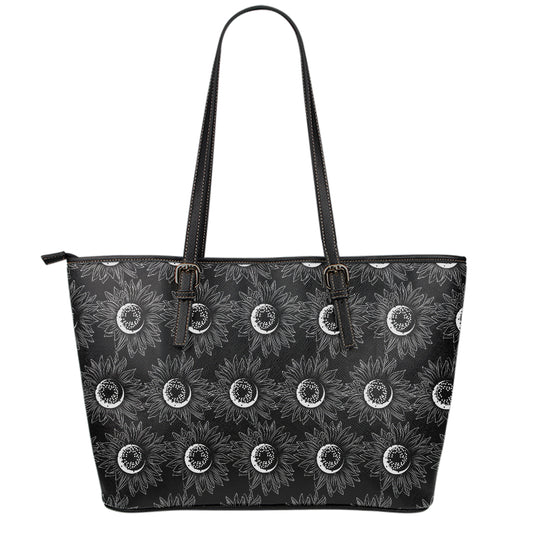 White And Black Sunflower Pattern Print Leather Tote Bag